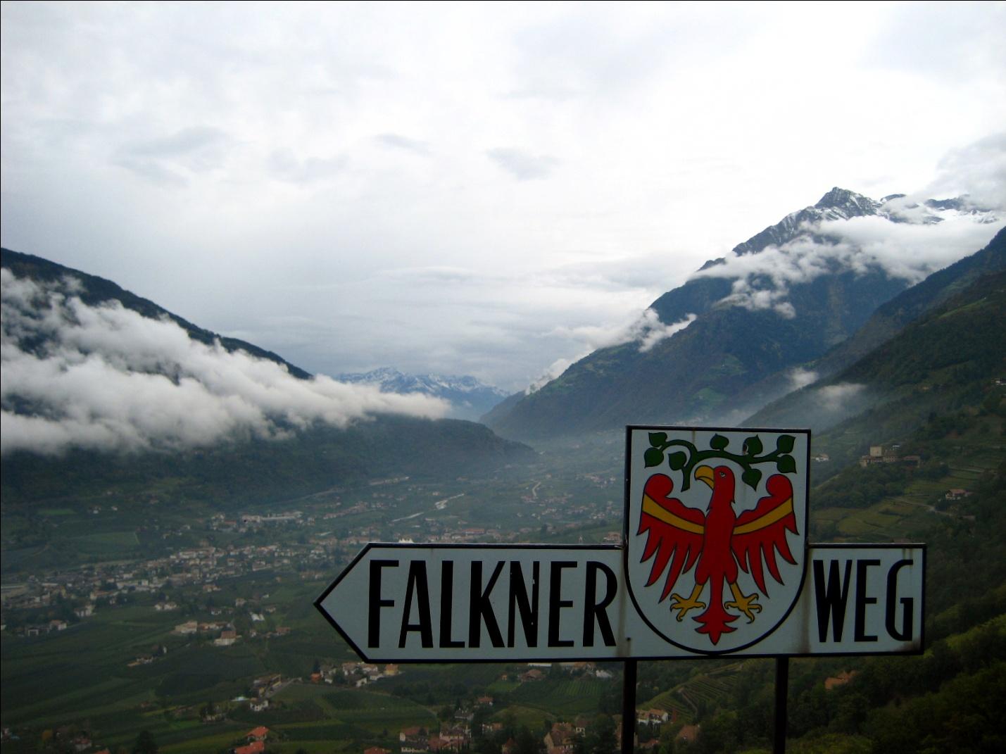 Trail sign overlooking Tirolean valley